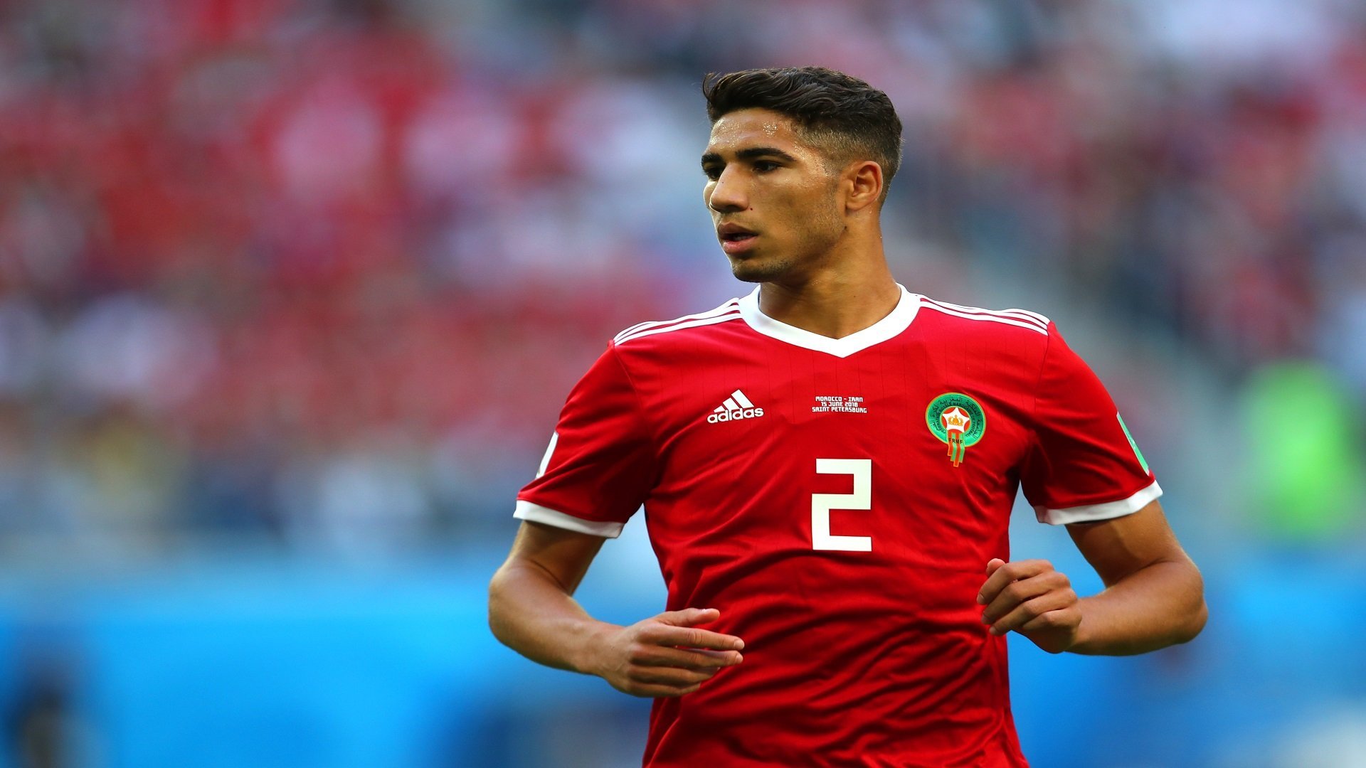 SAINT PETERSBURG, RUSSIA - JUNE 15:  Achraf Hakimi of Morocco looks on during the 2018 FIFA World Cup Russia group B match between Morocco and Iran at Saint Petersburg Stadium on June 15, 2018 in Saint Petersburg, Russia. (Photo by Robbie Jay Barratt - AMA/Getty Images)