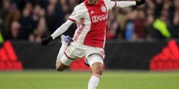 AMSTERDAM, NETHERLANDS - FEBRUARY 2: Noussair Mazraoui of Ajax during the Dutch Eredivisie  match between Ajax v PSV at the Johan Cruijff Arena on February 2, 2020 in Amsterdam Netherlands (Photo by Erwin Spek/Soccrates/Getty Images)