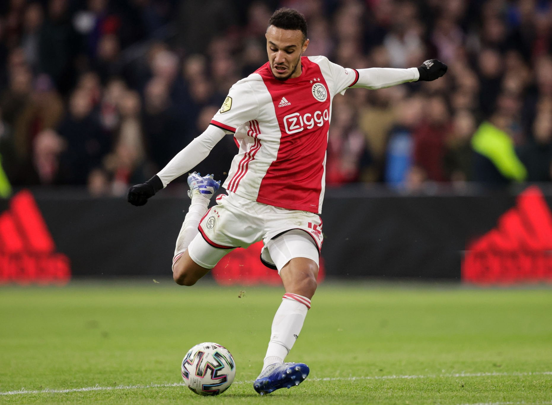 AMSTERDAM, NETHERLANDS - FEBRUARY 2: Noussair Mazraoui of Ajax during the Dutch Eredivisie  match between Ajax v PSV at the Johan Cruijff Arena on February 2, 2020 in Amsterdam Netherlands (Photo by Erwin Spek/Soccrates/Getty Images)