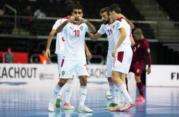 KAUNAS, LITHUANIA - SEPTEMBER 22: Soufiane El-Mesrar of Morocco celebrates after scoring their sides second goal during the FIFA Futsal World Cup 2021 Round of 16 match between Venezuela and Morocco at Kaunas Arena on September 22, 2021 in Kaunas, Lithuania. (Photo by Angel Martinez - FIFA/FIFA via Getty Images)