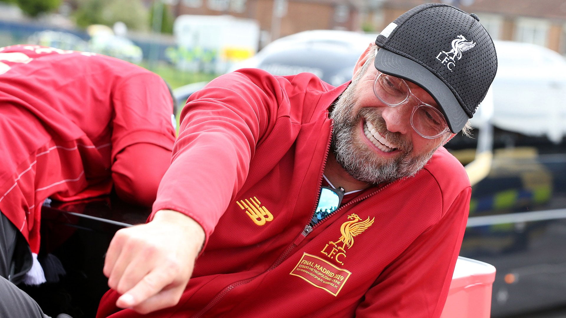 LIVERPOOL, ENGLAND - JUNE 02: Liverpool's Jurgen Klopp on board a parade bus after winning the UEFA Champions League final against Tottenham Hotspur in Madrid on June 2, 2019 in Liverpool, England. (Photo by Nigel Roddis/Getty Images)