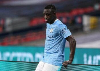 LONDON, ENGLAND - JULY 18: Benjamin Mendy of Manchester City looks on during the FA Cup Semi Final match between Arsenal and Manchester City at Wembley Stadium on July 18, 2020 in London, England. Football Stadiums around Europe remain empty due to the Coronavirus Pandemic as Government social distancing laws prohibit fans inside venues resulting in all fixtures being played behind closed doors. (Photo by Matt McNulty - Manchester City/Manchester City FC via Getty Images)