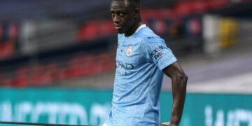 LONDON, ENGLAND - JULY 18: Benjamin Mendy of Manchester City looks on during the FA Cup Semi Final match between Arsenal and Manchester City at Wembley Stadium on July 18, 2020 in London, England. Football Stadiums around Europe remain empty due to the Coronavirus Pandemic as Government social distancing laws prohibit fans inside venues resulting in all fixtures being played behind closed doors. (Photo by Matt McNulty - Manchester City/Manchester City FC via Getty Images)