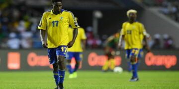 Gabon's defender Andre Biyogo Poko reacts during the 2017 Africa Cup of Nations group A football match between Cameroon and Gabon at the Stade de l'Amitie Sino-Gabonaise in Libreville on January 22, 2017. / AFP / GABRIEL BOUYS        (Photo credit should read GABRIEL BOUYS/AFP/Getty Images)