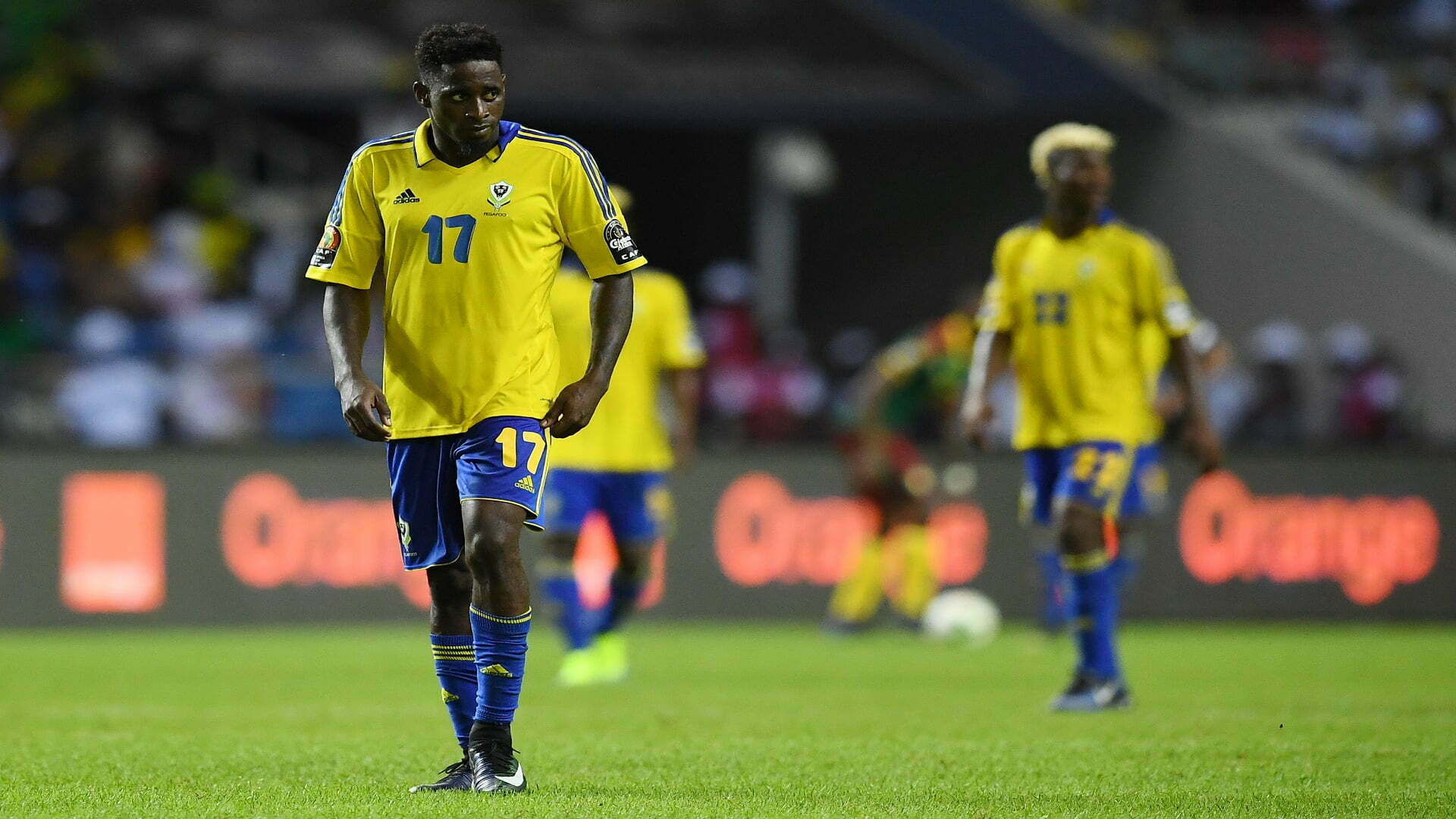 Gabon's defender Andre Biyogo Poko reacts during the 2017 Africa Cup of Nations group A football match between Cameroon and Gabon at the Stade de l'Amitie Sino-Gabonaise in Libreville on January 22, 2017. / AFP / GABRIEL BOUYS        (Photo credit should read GABRIEL BOUYS/AFP/Getty Images)