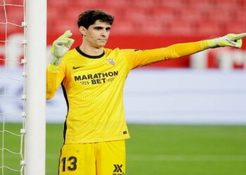 SEVILLA, SPAIN - FEBRUARY 10: Yassine Bounou Bono of Sevilla FC  during the Spanish Copa del Rey  match between Sevilla v FC Barcelona at the Estadio Ramon Sanchez Pizjuan on February 10, 2021 in Sevilla Spain (Photo by David S. Bustamante/Soccrates/Getty Images)
