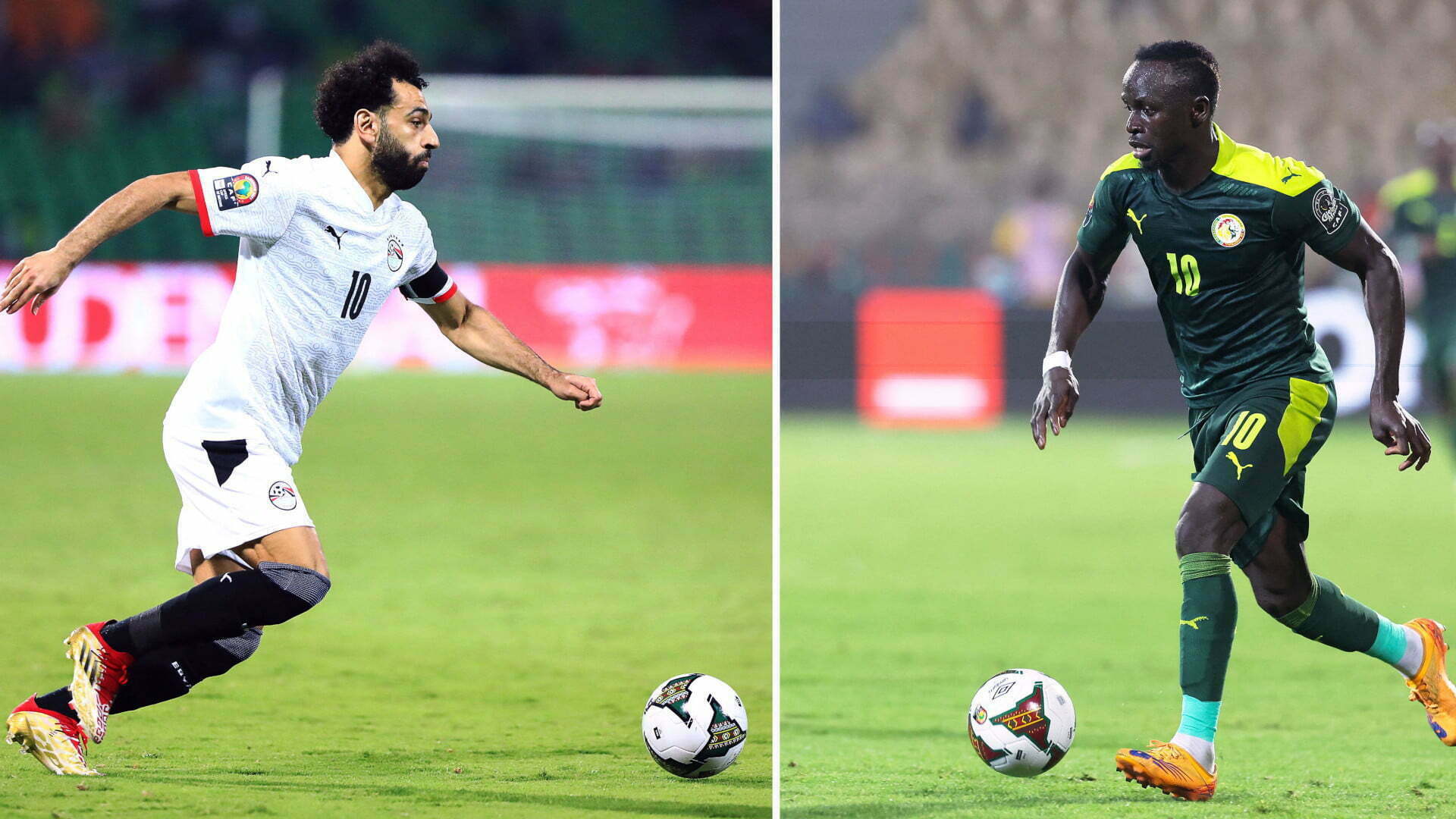 (COMBO) This combination of file pictures made on February 4, 2022, shows, at left, Egypt's forward Mohamed Salah in Garoua on January 15, 2022; and Senegal's forward Sadio Mane in Yaounde on February 2, 2022. - Senegal will face Egypt in the Africa Cup of Nations (CAN) 2021 final football match, scheduled for February 6, 2022, at Stade d'Olembe in Yaounde. (Photo by Daniel BELOUMOU OLOMO and Kenzo TRIBOUILLARD / AFP) (Photo by DANIEL BELOUMOU OLOMO,KENZO TRIBOUILLARD/AFP via Getty Images)