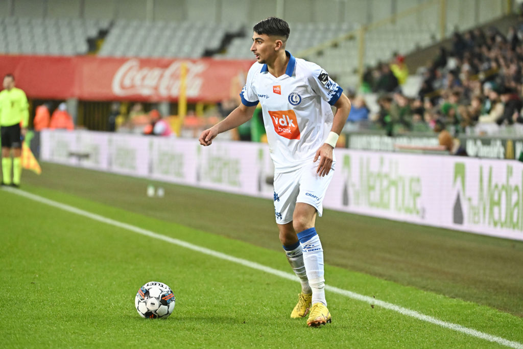 BRUGES, BELGIUM - JANUARY 29: Ibrahim Salah of AA Gent in action with the ball during the Jupiler Pro League season 2022 - 2023 match day 23 between Cercle Brugge and AA Gent January 29, 2023 in Bruges, Belgium. (Photo by Isosport/MB Media/Getty Images)