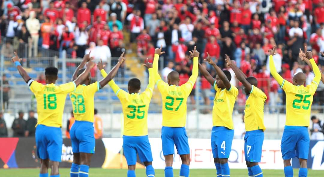 Sundowns players during the CAF Champions League 2022/23 semifinal, first leg between Wydad Casablanca and Sundowns at Mohammed V Stadium in Casablanca, Morocco on 13 May 2023 © Nour Akanja/BackpagePix