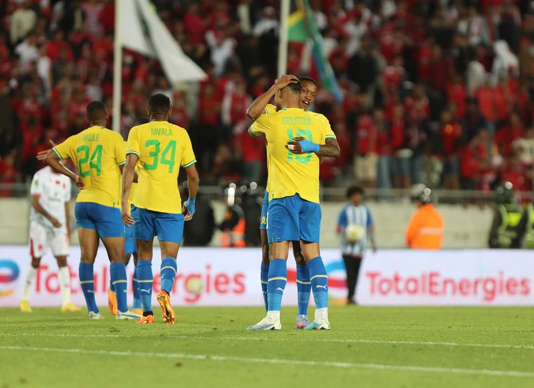 Grant Kekana and Abdelmounaim Boutouil of Sundowns celebrates result during the CAF Champions League 2022/23 semifinal, first leg between Wydad Casablanca and Sundowns at Mohammed V Stadium in Casablanca, Morocco on 13 May 2023 © Nour Akanja/BackpagePix