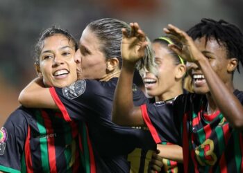 Ghizlane Chebbak of ASFAR celebrates goal with teammates during the 2023 CAF Womens Champions League final 3rd Place match between ASFAR and Ampem Darkoa at Amadou Gon Coulibaly Stadium in Korhogo on 18 November 2023 ©Samuel Shivambu/BackpagePix