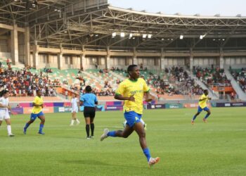 Refilwe Tholakele of Mamelodi Sundowns Ladies celebrates scoring a penalty during the 2023 CAF Womens Champions League final match between Mamelodi Sundowns Ladies and Sporting Club Casablanca at Amadou Gon Coulibaly Stadium in Korhogo on 19 November 2023 ©Samuel Shivambu/BackpagePix