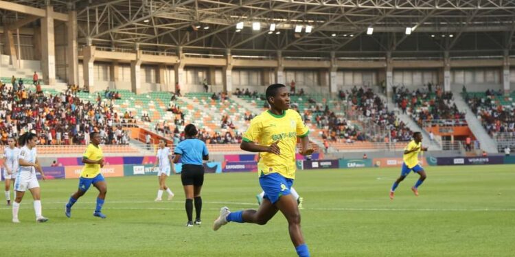 Refilwe Tholakele of Mamelodi Sundowns Ladies celebrates scoring a penalty during the 2023 CAF Womens Champions League final match between Mamelodi Sundowns Ladies and Sporting Club Casablanca at Amadou Gon Coulibaly Stadium in Korhogo on 19 November 2023 ©Samuel Shivambu/BackpagePix