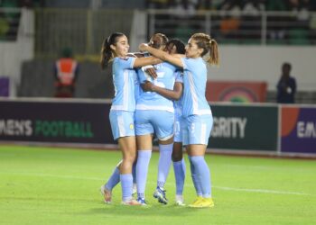 Aqueissa Diarra of Sporting Club Casablanca celebrates goal with teammates during the 2023 CAF Women’s Champions League Finals semi finals Ampem Darkoa and Sporting Club Casablanca held at Laurent Pokou Stadium in San Pedro Ivory Coast on 14 November 2023 ©Weam Mostafa/BackpagePix