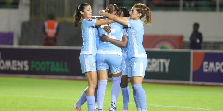 Aqueissa Diarra of Sporting Club Casablanca celebrates goal with teammates during the 2023 CAF Women’s Champions League Finals semi finals Ampem Darkoa and Sporting Club Casablanca held at Laurent Pokou Stadium in San Pedro Ivory Coast on 14 November 2023 ©Weam Mostafa/BackpagePix