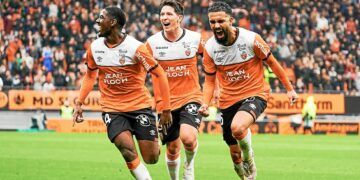 Football.Ligue 1.FC Lorient.Le Havre.joie sur le But de Louza