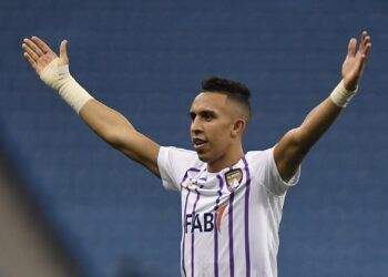 Ain's Moroccan midfielder #21 Soufiane Rahimi celebrates after scoring during the AFC Champions League Group A football match between Saudi's al-Fayha and UAEís al-Ain at the King Fahd International Stadium in Riyadh on November 7, 2023. (Photo by AFP)