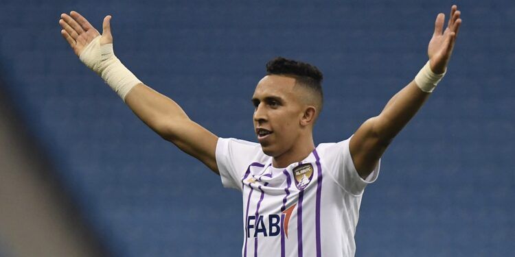 Ain's Moroccan midfielder #21 Soufiane Rahimi celebrates after scoring during the AFC Champions League Group A football match between Saudi's al-Fayha and UAEís al-Ain at the King Fahd International Stadium in Riyadh on November 7, 2023. (Photo by AFP)