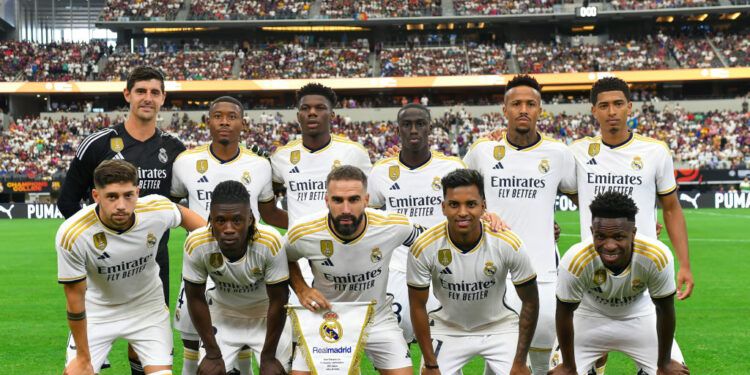 ARLINGTON, TX - JULY 29: The Real Madrid starting line-up poses before the start of the International Men's Soccer match between Real Madrid and FC Barcelona on July 29, 2023; at AT&T Stadium in Arlington, TX. (Photo by Kevin Langley/Icon Sportswire via Getty Images)