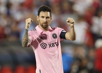 FRISCO, TEXAS - AUGUST 6: Lionel Messi #10 of Inter Miami CF celebrates after scoring the first penalty kick during the round of 16 Leagues Cup football match between Inter Miami CF and FC Dallas at Toyota Stadium on August 6, 2023 in Frisco, Texas. (Photo by Omar Vega/Getty Images)