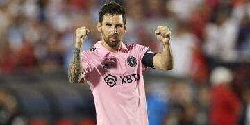 FRISCO, TEXAS - AUGUST 6: Lionel Messi #10 of Inter Miami CF celebrates after scoring the first penalty kick during the round of 16 Leagues Cup football match between Inter Miami CF and FC Dallas at Toyota Stadium on August 6, 2023 in Frisco, Texas. (Photo by Omar Vega/Getty Images)