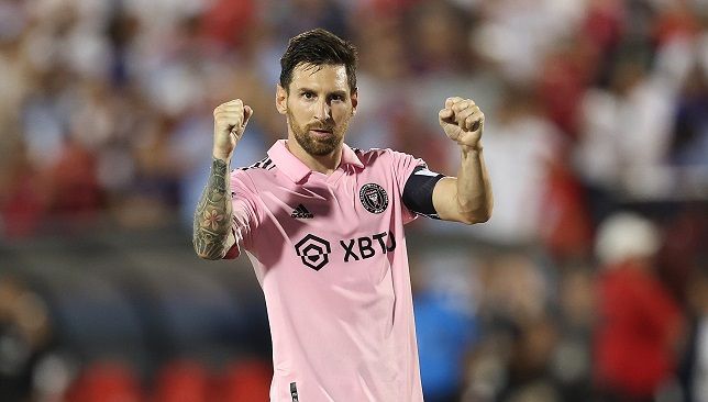 FRISCO, TEXAS - AUGUST 6: Lionel Messi #10 of Inter Miami CF celebrates after scoring the first penalty kick during the round of 16 Leagues Cup football match between Inter Miami CF and FC Dallas at Toyota Stadium on August 6, 2023 in Frisco, Texas. (Photo by Omar Vega/Getty Images)