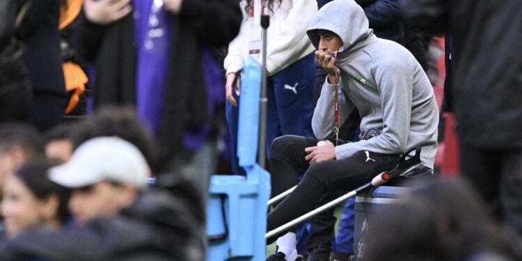 Morocco's injured midfielder #08 Azzedine Ounahi is seen before the Africa Cup of Nations (CAN) round of 16 football match between Morocco and Tanzania at Prince Moulay Abdallah Stadium in Rabat on January 4, 2026. (Photo by SEBASTIEN BOZON / AFP via Getty Images)