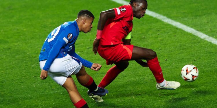 Hamza Igamane of Rangers scores his sides fourth goal during the Europa League group phase match at Ibrox Stadium, Glasgow.