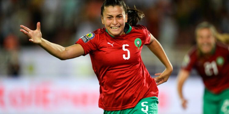 Elchad Nesryne of Morocco celebrates her goal during the 2022 Womens Africa Cup of Nations game between Uganda and Morocco at Prince Moulay Abdellah Stadium in Rabat, Morocco on 5 July 2022 © Ryan Wilkisky/Sports Inc - Photo by Icon sport