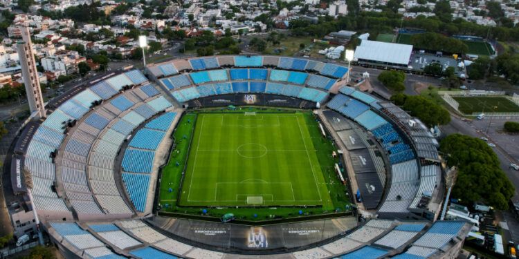 MONTEVIDEO, URUGUAY - NOVEMBER 26: Aerial view of Centenario Stadium on November 26, 2021 in Montevideo, Uruguay. Flamengo and Palmeiras will play the final of Copa CONMEBOL Libertadores 2021 on November 27. (Photo by Buda Mendes/Getty Images)