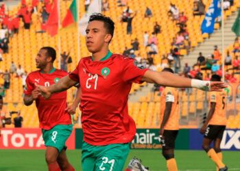 Morocco's Soufiane Rahimi celebrates after scoring a goal during the African Nations Championships (CHAN) football quarter final match between Morocco and Zambia at Stade de la Reunification in Douala, Cameroon, on January 31, 2021. (Photo by Daniel BELOUMOU OLOMO / AFP) (Photo by DANIEL BELOUMOU OLOMO/AFP via Getty Images)