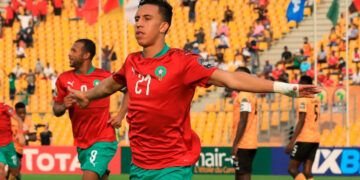 Morocco's Soufiane Rahimi celebrates after scoring a goal during the African Nations Championships (CHAN) football quarter final match between Morocco and Zambia at Stade de la Reunification in Douala, Cameroon, on January 31, 2021. (Photo by Daniel BELOUMOU OLOMO / AFP) (Photo by DANIEL BELOUMOU OLOMO/AFP via Getty Images)