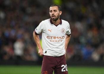 BURNLEY, ENGLAND -: Bernardo Silva of Manchester City looks on during the Premier League match between Burnley FC and Manchester City at Turf Moor on August 11, 2023 in Burnley, England. (Photo by Michael Regan/Getty Images)