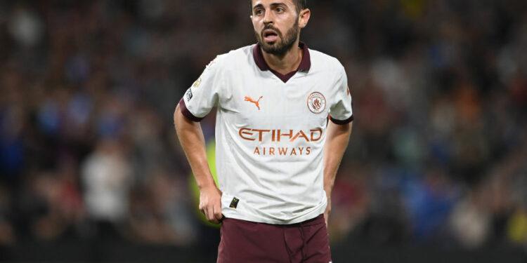 BURNLEY, ENGLAND -: Bernardo Silva of Manchester City looks on during the Premier League match between Burnley FC and Manchester City at Turf Moor on August 11, 2023 in Burnley, England. (Photo by Michael Regan/Getty Images)